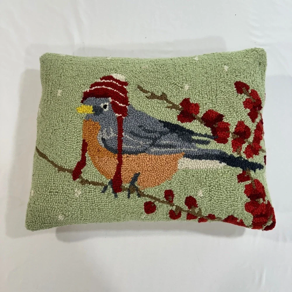 Grandin Road Hooked Wool Pillow Bluebird Winter Hat‎ Green 18x14 Christmas Decor